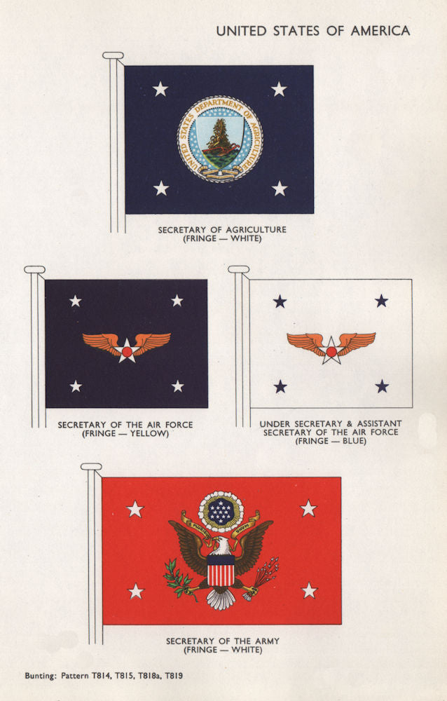 USA FLAGS. Secretary of Agriculture, Air Force & Army 1958 old vintage print